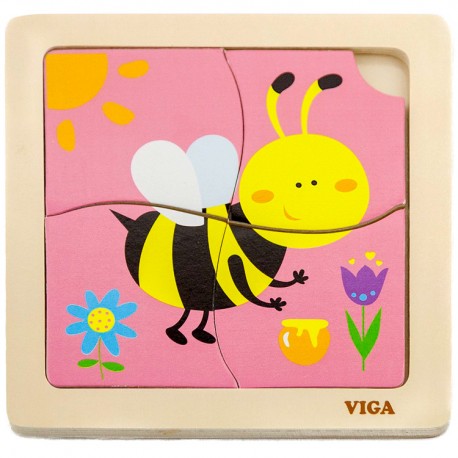 VIGA Drevené puzzle pre najmenších - 4 dieliky - Včielka