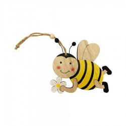 Drevená závesná dekorácia - letiaca včielka s kvietkom