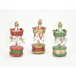Drevená dekorácia na zavesenie - kolotoč s koníkmi červeno-zeleno-zlatý - 3 kusy