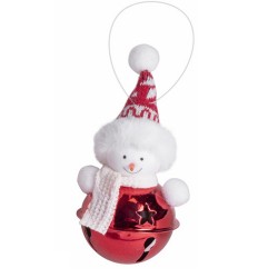 Ozdoba na vianočný stromček - Snehuliak na červenej roľničke