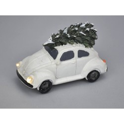 Vianočná LED svietiaca dekorácia - Vintage auto Beatle so stromčekom - biele