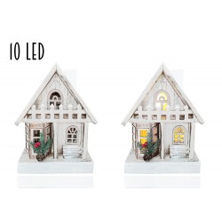 Drevená dekorácia s desiatimi LED svetielkami - Domček biely