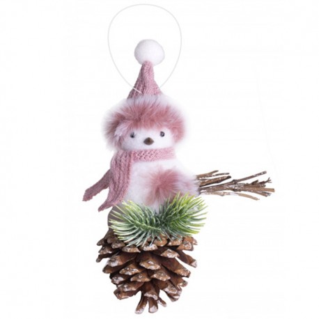 Ozdoba na vianočný stromček - Vtáčik na šiške s ružovou čiapkou