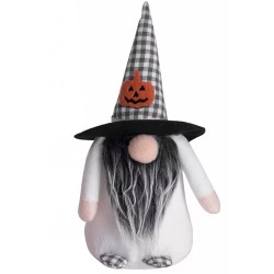 Halloween dekorácia z textilu - Škriatok biely s čiapkou s tekvicou 23 cm