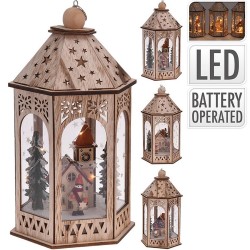 Drevená dekorácia s LED podsvietením - Lampáš s domčekom a vežou